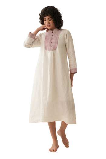 Buy_Khat_Off White Linen Embroidery Mandarin Collar Midi Dress _at_Aza_Fashions