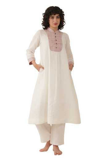 Buy_Khat_Off White Linen Embroidery Mandarin Collar Kurta And Pant Set _at_Aza_Fashions