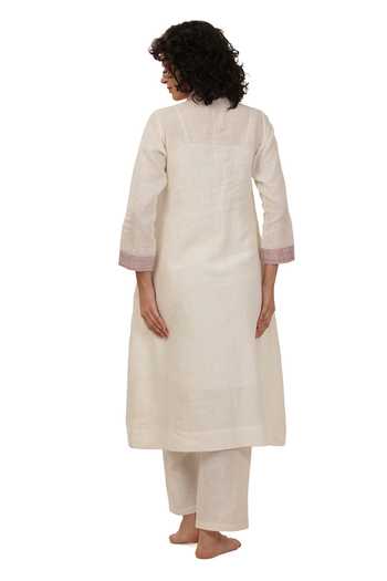 Shop_Khat_Off White Linen Embroidery Mandarin Collar Kurta And Pant Set _at_Aza_Fashions