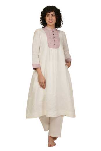Khat_Off White Linen Embroidery Mandarin Collar Kurta And Pant Set _at_Aza_Fashions