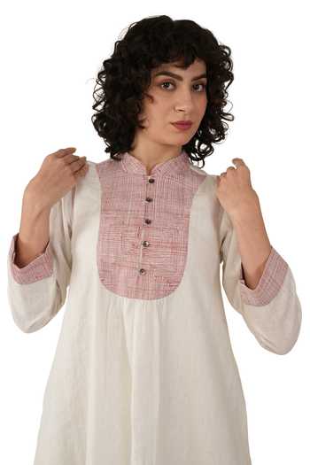 Buy_Khat_Off White Linen Embroidery Mandarin Collar Kurta And Pant Set 