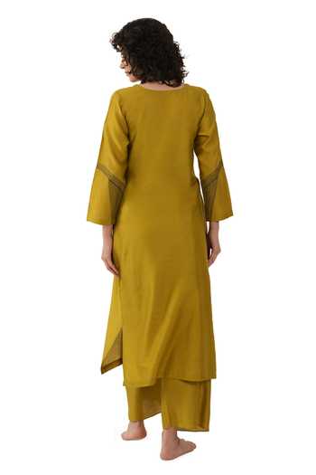 Shop_Khat_Olive Green Chanderi Silk Embroidery Round Neck Kurta And Pant Set _at_Aza_Fashions