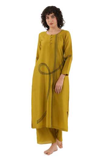 Buy_Khat_Olive Green Chanderi Silk Embroidery Round Neck Kurta And Pant Set _Online_at_Aza_Fashions