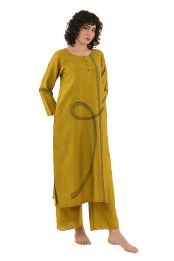 Shop_Khat_Olive Green Chanderi Silk Embroidery Round Neck Kurta And Pant Set _Online_at_Aza_Fashions