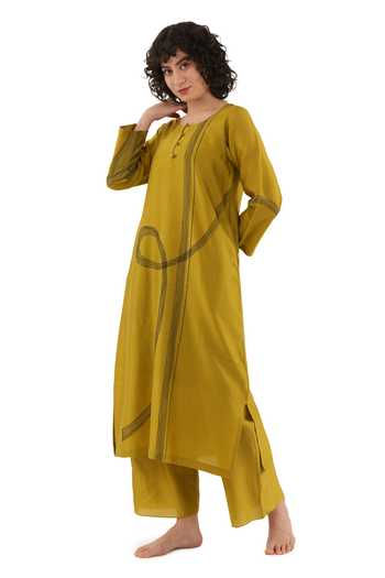 Shop_Khat_Olive Green Chanderi Silk Embroidery Round Neck Kurta And Pant Set 