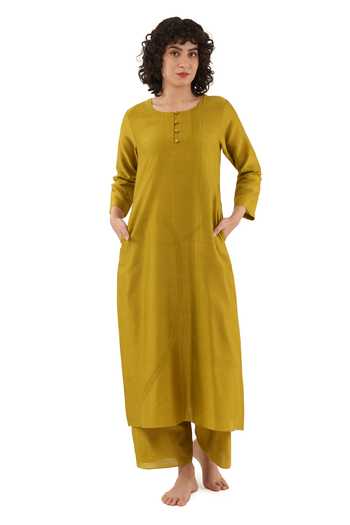 Buy_Khat_Olive Green Chanderi Silk Embroidery Round Neck Kurta Set _at_Aza_Fashions