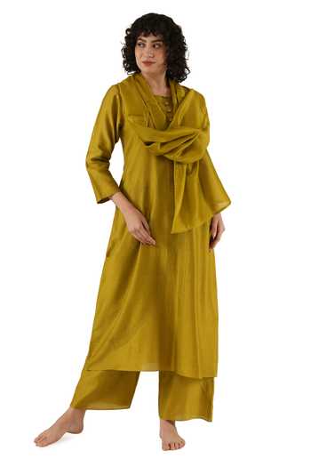Shop_Khat_Yellow Green Chanderi Silk Embroidery Round Neck Kurta Set _Online_at_Aza_Fashions