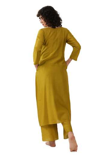 Shop_Khat_Yellow Green Chanderi Silk Embroidery Round Neck Kurta Set _at_Aza_Fashions