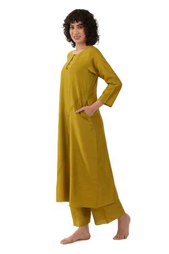 Shop_Khat_Yellow Green Chanderi Silk Embroidery Round Neck Kurta Set 