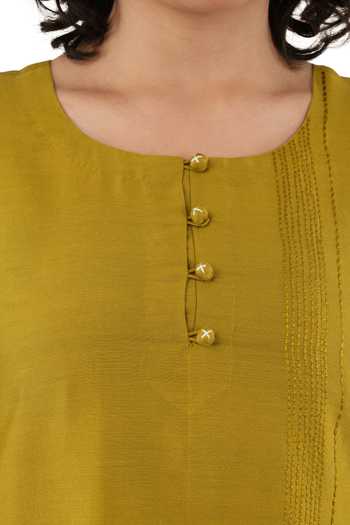 Buy_Khat_Yellow Green Chanderi Silk Embroidery Round Neck Kurta Set _Online