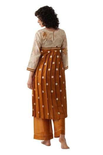 Shop_Khat_Beige Chanderi Silk Round Neck Polka Kurta And Pant Set _at_Aza_Fashions