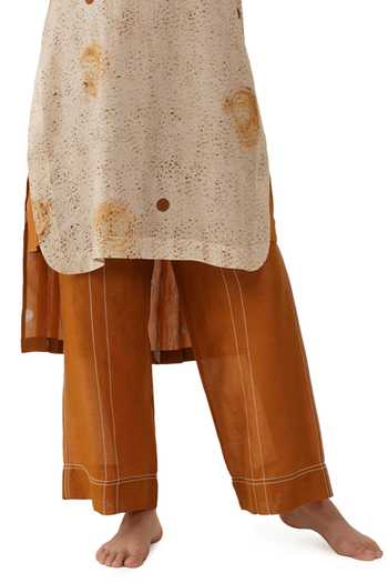 Buy_Khat_Beige Chanderi Silk Round Neck Polka Kurta And Pant Set _Online_at_Aza_Fashions