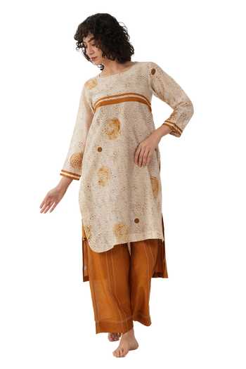 Buy_Khat_Beige Chanderi Silk Round Neck Polka Kurta And Pant Set _at_Aza_Fashions