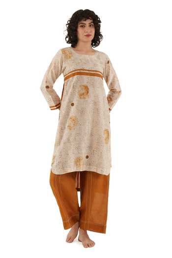 Shop_Khat_Beige Chanderi Silk Round Neck Polka Kurta And Pant Set _Online_at_Aza_Fashions
