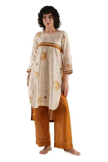 Shop_Khat_Beige Chanderi Silk Embroidery Round Neck Polka Print Kurta Set _at_Aza_Fashions