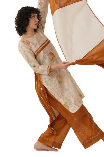 Shop_Khat_Beige Chanderi Silk Embroidery Round Neck Polka Print Kurta Set _Online_at_Aza_Fashions