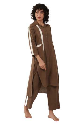 Khat_Brown Cotton Collared, Yes Handwoven Kurta And Pant Set _Online_at_Aza_Fashions
