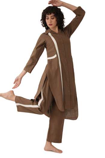 Shop_Khat_Brown Cotton Collared, Yes Handwoven Kurta And Pant Set _Online_at_Aza_Fashions