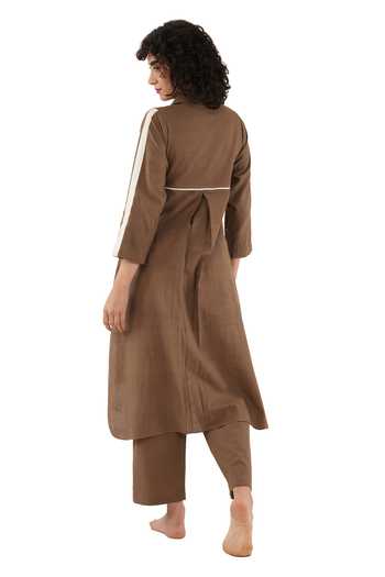 Shop_Khat_Brown Cotton Collared, Yes Handwoven Kurta And Pant Set _at_Aza_Fashions