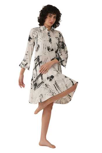 Khat_Black Silk Collared Abstract Print Dress _Online_at_Aza_Fashions