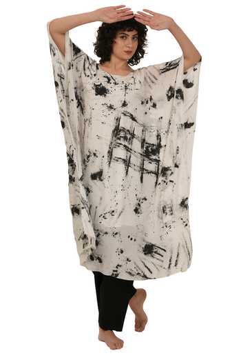 Buy_Khat_White Silk Scoop Neck Textured Print Kaftan Set _at_Aza_Fashions