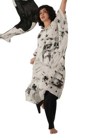 Khat_Black Silk Round Neck Textured Print Kaftan Set _Online_at_Aza_Fashions