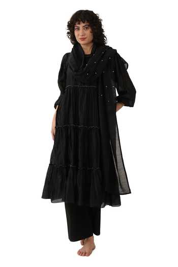 Buy_Khat_Black Chanderi Silk Sequins Round Neck Frilled Kurta Set _at_Aza_Fashions