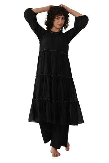 Khat_Black Chanderi Silk Sequins Round Neck Frilled Kurta Set _Online_at_Aza_Fashions