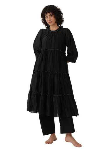 Shop_Khat_Black Chanderi Silk Sequins Round Neck Frilled Kurta Set _at_Aza_Fashions