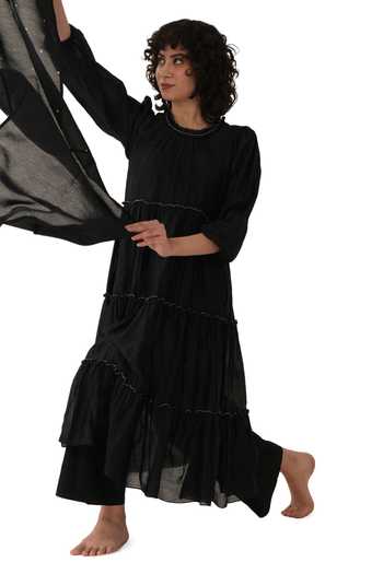 Shop_Khat_Black Chanderi Silk Sequins Round Neck Frilled Kurta Set _Online_at_Aza_Fashions