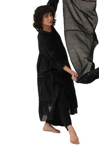 Khat_Black Chanderi Silk Sequins Round Neck Frilled Kurta Set _at_Aza_Fashions