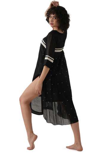 Khat_Black Chanderi Silk Round Neck Dot Print Tunic _at_Aza_Fashions