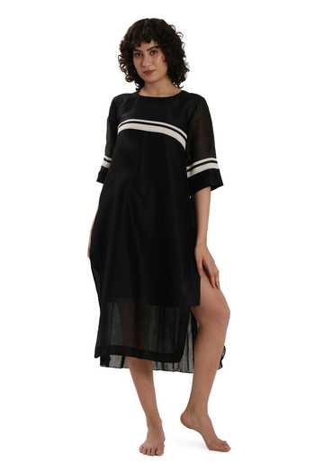 Buy_Khat_Black Chanderi Silk Round Neck Dot Print Tunic _at_Aza_Fashions