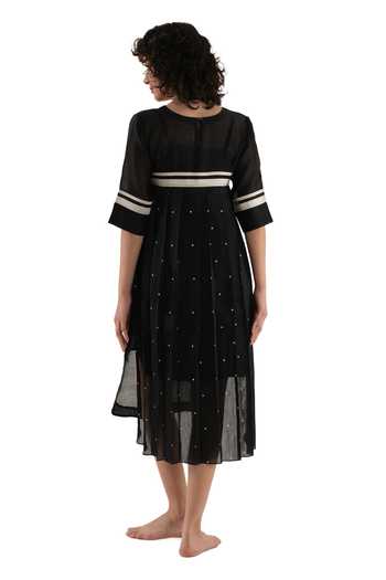 Shop_Khat_Black Chanderi Silk Round Neck Dot Print Tunic _at_Aza_Fashions