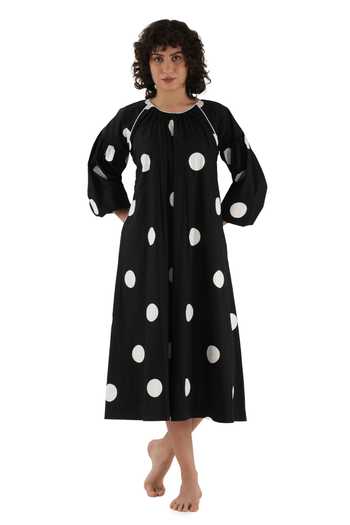 Buy_Khat_Black Cotton, Poplin Piping Round Neck Polka Print Dress _at_Aza_Fashions