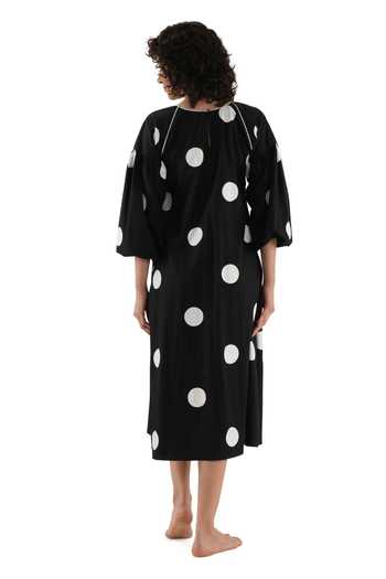 Shop_Khat_Black Cotton, Poplin Piping Round Neck Polka Print Dress _at_Aza_Fashions