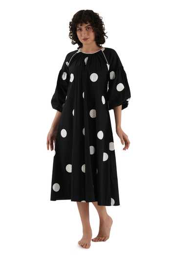 Khat_Black Cotton, Poplin Piping Round Neck Polka Print Dress _Online_at_Aza_Fashions