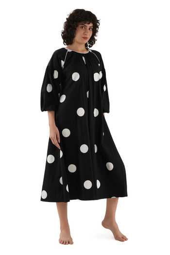 Buy_Khat_Black Cotton, Poplin Piping Round Neck Polka Print Dress _Online_at_Aza_Fashions