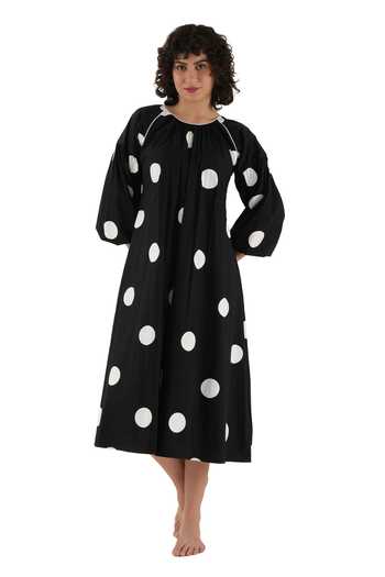 Shop_Khat_Black Cotton, Poplin Piping Round Neck Polka Print Dress _Online_at_Aza_Fashions