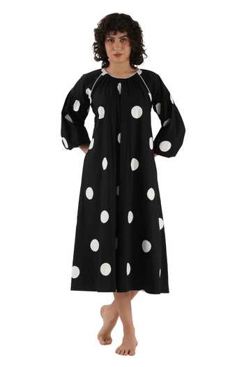 Khat_Black Cotton, Poplin Piping Round Neck Polka Print Dress _at_Aza_Fashions