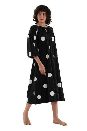 Buy_Khat_Black Cotton, Poplin Piping Round Neck Polka Print Dress 