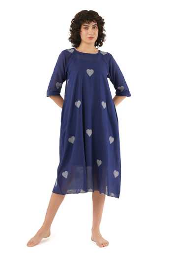 Khat_Blue Cotton Square Neck Heart Print Dress  _Online_at_Aza_Fashions