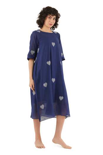 Shop_Khat_Blue Cotton Square Neck Heart Print Dress  _Online_at_Aza_Fashions