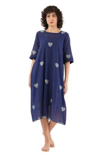 Khat_Blue Cotton Square Neck Heart Print Dress  _at_Aza_Fashions