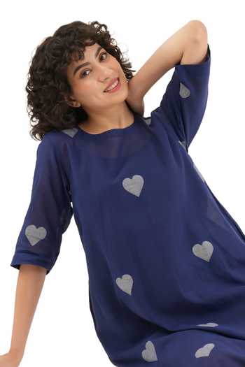 Buy_Khat_Blue Cotton Square Neck Heart Print Dress  