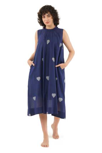 Buy_Khat_Blue Handloom Cotton High Neck Handwoven Heart Pattern Dress _at_Aza_Fashions