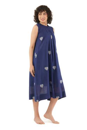 Khat_Blue Handloom Cotton High Neck Handwoven Heart Pattern Dress _Online_at_Aza_Fashions