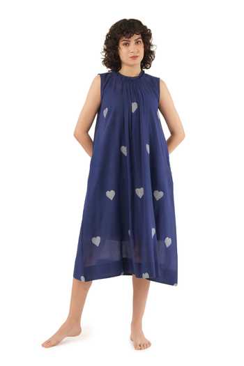 Buy_Khat_Blue Handloom Cotton High Neck Handwoven Heart Pattern Dress _Online_at_Aza_Fashions