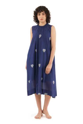 Shop_Khat_Blue Handloom Cotton High Neck Handwoven Heart Pattern Dress _Online_at_Aza_Fashions