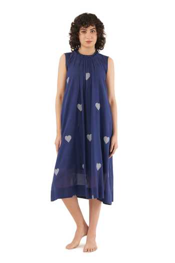 Khat_Blue Handloom Cotton High Neck Handwoven Heart Pattern Dress _at_Aza_Fashions